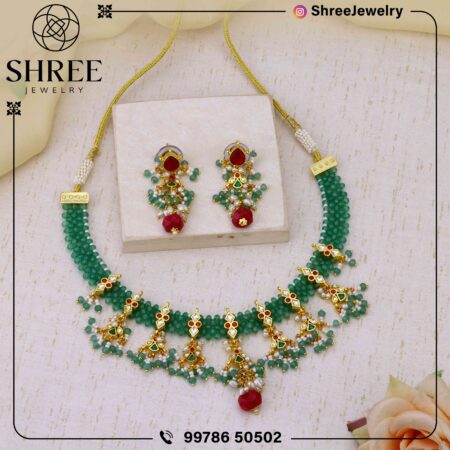 gold Plated green Jadau Kundan necklace set