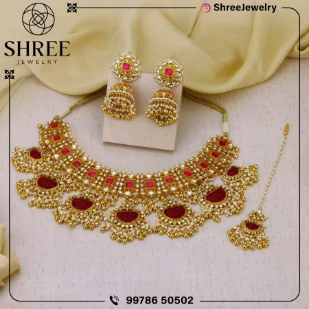 Gold Plated Red & White Bridal Jadau Kundan Necklace Set